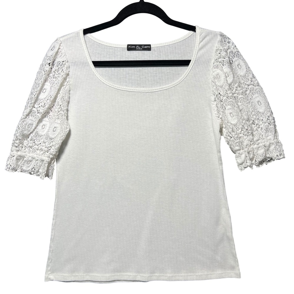 Kim & Cami White‎ Ribbed Puff Sleeve Lace Top T Shirt Women Medium